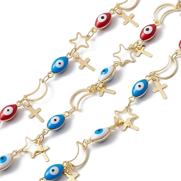 

PandaHall Enamel Horse Eye & Star & Moon Link Chains, with Brass Cross Chamrs, Real 18K Gold Plated, Soldered, with Spools, Colorful..., Multicolor