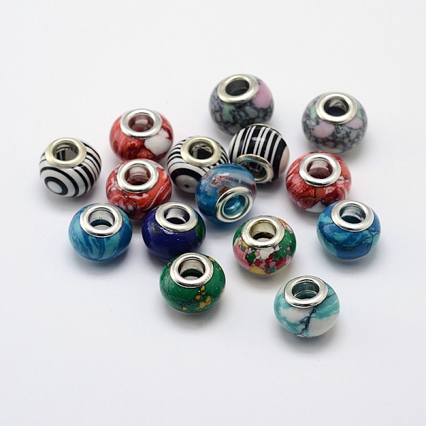 

PandaHall Handmade Lampwork Large Hole Rondelle European Beads, with Double Silver Color Plated Brass Cores, Mixed Color, 13~14x9~10mm, Hole..., Multicolor