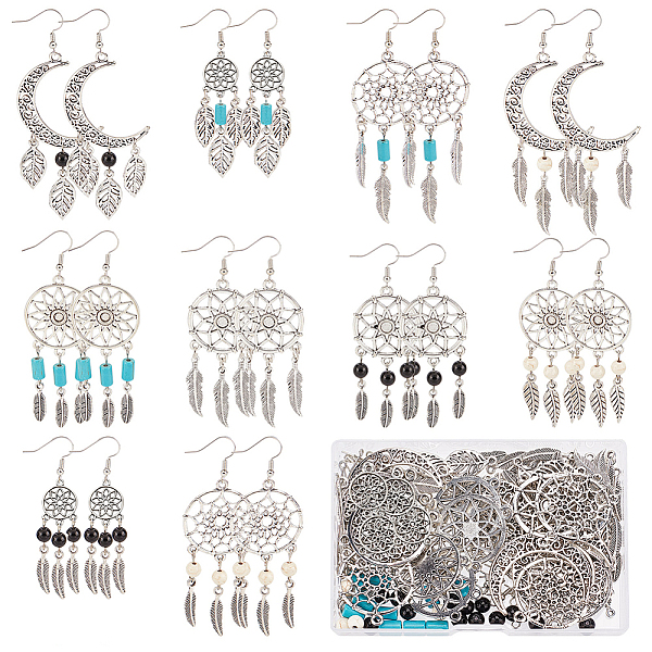 

PandaHall SUNNYCLUE 1 Box DIY 10 Pairs Boho Style Dream Catcher Charms Earrings Making Kit Bohemian Chandelier Charms Crescent Moon Leaf..., Multicolor