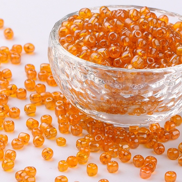 PandaHall (Repacking Service Available) Glass Seed Beads, Trans. Colours Lustered, Round, OranGoe, 6/0, 4mm, Hole: 1.5mm, about 12G/bag...