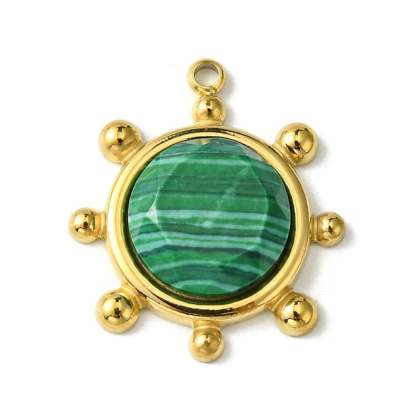 

PandaHall Ion Plating(IP) 304 Stainless Steel Pave Faceted Synthetic Malachite Pendants, Granulated Flat Round Charms, Real 14K Gold Plated...