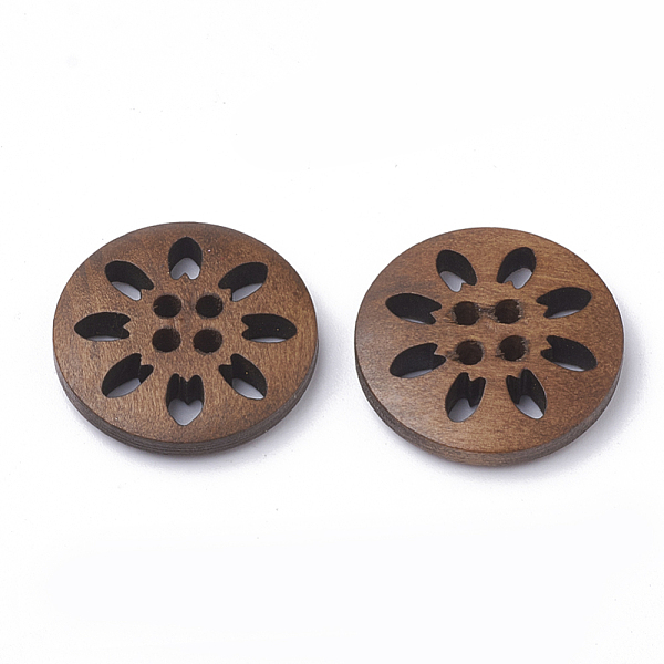 

PandaHall 4-Hole Wooden Buttons, Flat Round, Coconut Brown, 24.5~25.5x4.5~5mm, Hole: 1.5mm Wood Flat Round