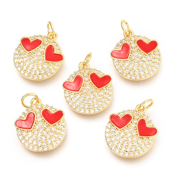 

PandaHall Brass Micro Pave Clear Cubic Zirconia Pendants, Long-Lasting Plated, with Jump Rings & Enamel, Real 18K Gold Plated, Flat Round..., Red