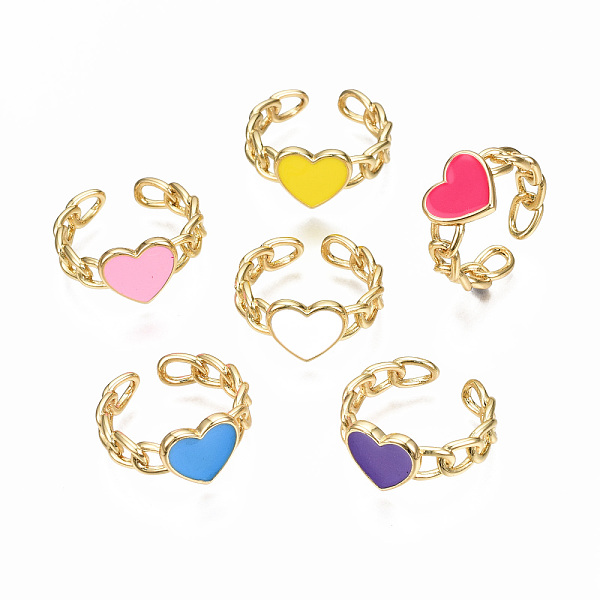 

PandaHall Brass Enamel Cuff Rings, Open Rings, Nickel Free, Curb Chain, Heart, Real 16K Gold Plated, Mixed Color, US Size 8 3/4(18.7mm)..., Multicolor