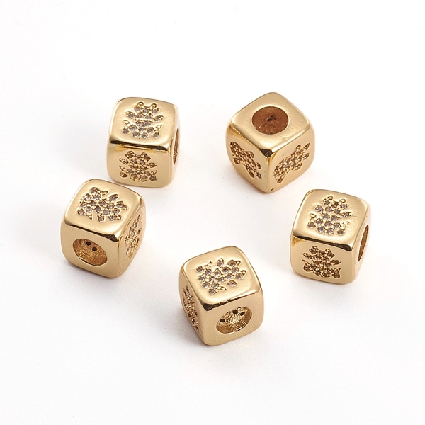PandaHall Brass Micro Pave Clear Cubic Zirconia Beads, Cube with Girl, Golden, 8.5x8.5x8.5mm, Hole: 3.5mm Brass+Cubic Zirconia Cube Clear