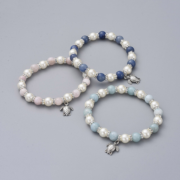 

PandaHall Stretch Charm Bracelets, with Natural Gemstone Beads, Glass Pearl Beads, Zinc Alloy Charms and Brass Rhinestone Spacer Beads, Sea..., Clear