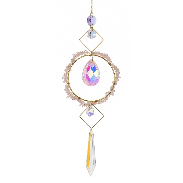 

PandaHall Natural Rose Quartz Chips Hanging Ornaments, Glass Teardrop Hanging Suncatcher, 420mm Rose Quartz Chip