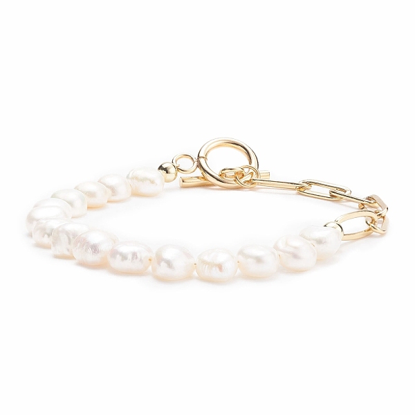 

PandaHall Natural Pearl Beaded Bracelet with Brass Paperclip Chains for Women, Golden, White, 7-5/8 inch(19.5cm) Pearl White