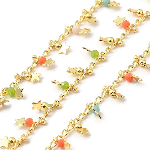 

PandaHall Handmade Brass Link Chain, with Glass Beads, Soldered, with Spool, Real 18K Gold Plated, Yellow Green, 3x1.5x0.3mm and 7.5~8x3.5x2...