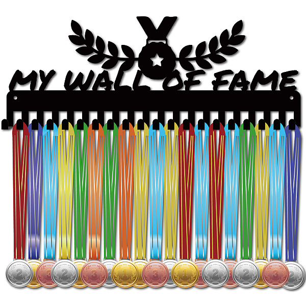 

PandaHall Iron Medal Holder Frame, 20 Hooks Medals Display Hanger Rack, with Screws, Black, Word, 150x400mm, Hole: 5mm Iron Word Black