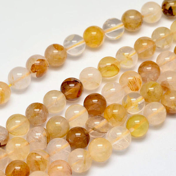 PandaHall Natural Yellow Hematoid Quartz Round Beads Strands, Ferruginous Quartz, 10mm, Hole: 1mm, about 37pcs/strand, 15 inch Ferruginous...