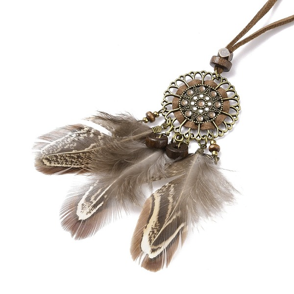 

PandaHall Alloy Woven Net with Feather Pendant Necklace with Wood Beads, Bohemian Jewelry for Women, Camel, 33.9 inch(86cm) Feather Brown