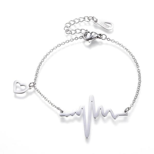 

PandaHall 304 Stainless Steel Link & Charm Bracelets, Heartbeat, with Lobster Claw Clasps, Stainless Steel Color, 6-3/4 inch(170mm) 304...