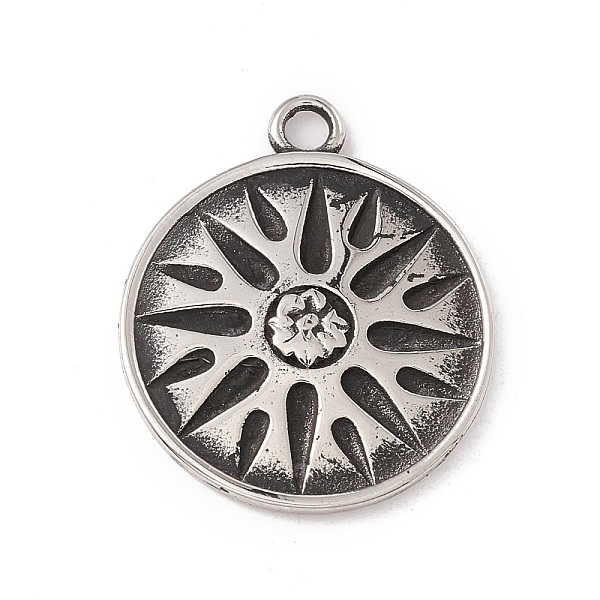 PandaHall 304 Stainless Steel Pendant, Flat Round with Flower, Antique Silver, 24x20x2mm, Hole: 2.2mm 304 Stainless Steel Flat Round