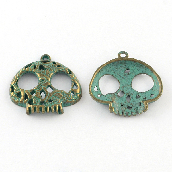 

PandaHall Zinc Alloy Pendant, Cadmium Free & Nickel Free & Lead Free, Skull, Antique Bronze & Green Patina, 27x27x4mm, Hole: 2mm Alloy Skull