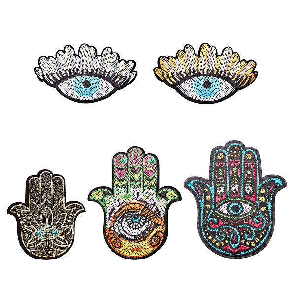 PandaHall ARRICRAFT 5Pcs 5 Style Sequin Embroidered Appliques, Denim Cloth Patches, Sewing Craft Decoration, Hamsa Hand & Evil Eye, Mixed...