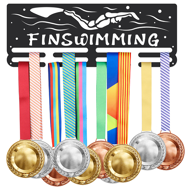 

PandaHall Fashion Iron Medal Hanger Holder Display Wall Rack, with Screws, Word Finswimming, Sports Themed Pattern, 150x400mm Iron Sports