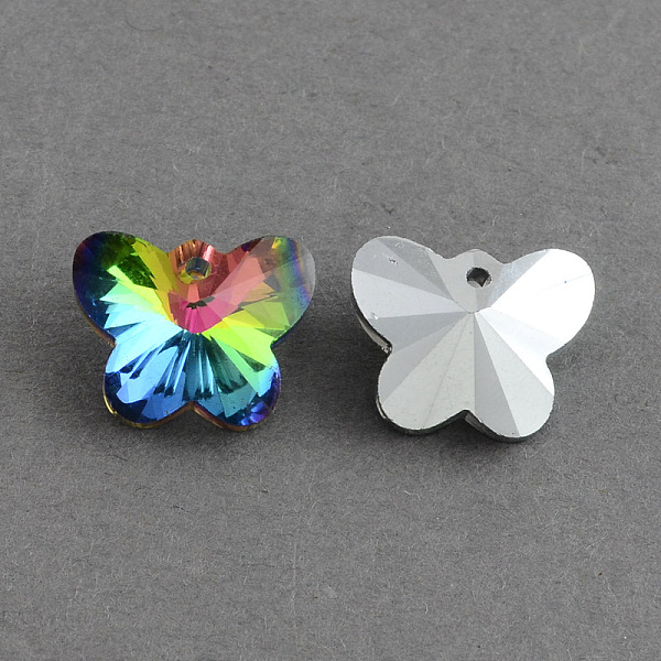 

PandaHall Butterfly Electroplated Glass Pendants, Silver Plated Bottom, Faceted, Colorful, 12x15x7mm, Hole: 1mm Glass Butterfly
