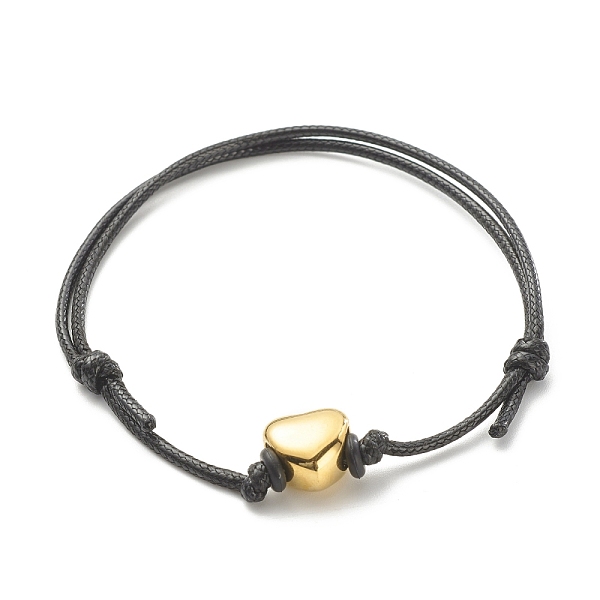 PandaHall Heart Beads Adjustable Cord Bracelet for Women, Golden, Black, Inner Diameter: 2-1/4 inch(5.6cm) Waxed Cord Black