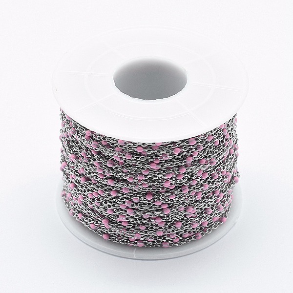 

PandaHall Handmade Stainless Steel Chains, Soldered, with Spool, Enamel, Stainless Steel Color, Pink, 2x1.6x0.2mm, Beads: 2mm, about 32.8...