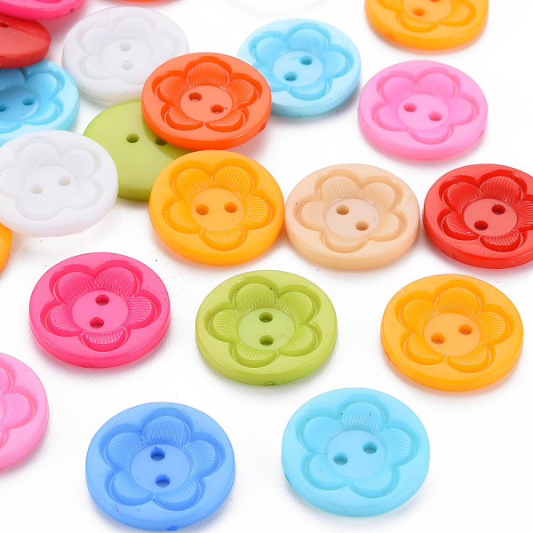 PandaHall 4-Hole Platsic Buttons, Flat Round with Flower, Mixed Color, 22.5x3.5mm, Hole: 2mm Plastic Flat Round Multicolor