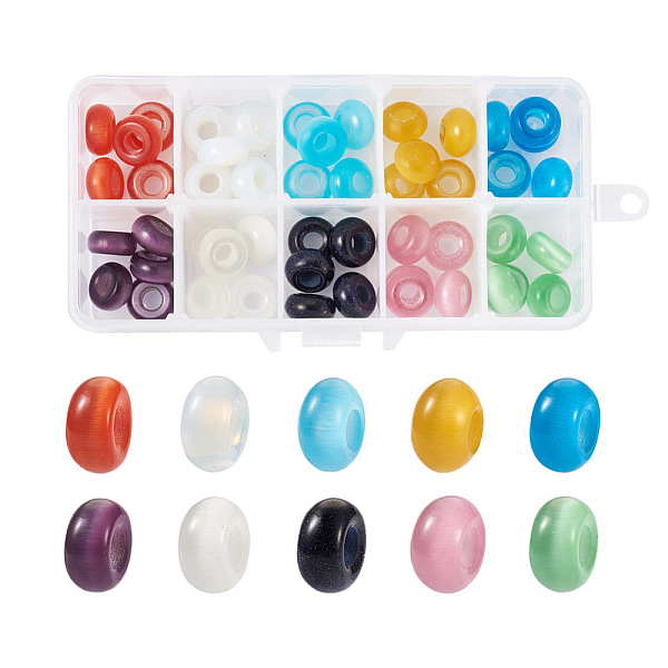 

PandaHall Cheriswelry 50Pcs 10 Colors Cat Eye European Beads, Large Hole Beads, Rondelle, Mixed Color, 14x7mm, Hole: 5~6mm, 5pcs/color Cat..., Multicolor