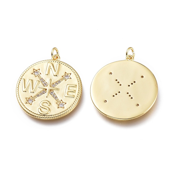 

PandaHall Brass Micro Pave Clear Cubic Zirconia Pendants, with Jump Rings, Long-Lasting Plated, Flat Round with Compass Shapes, Golden...