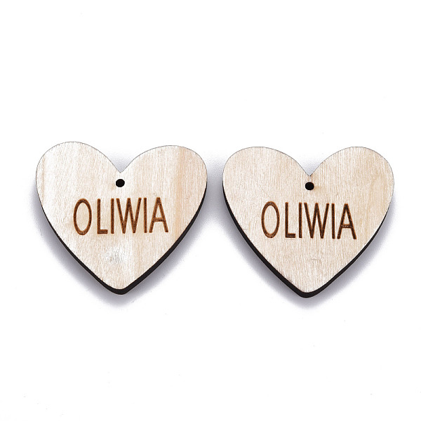 

PandaHall Wood Big Pendants, Laser Engraved, Heart with Oliwia, PapayaWhip, 49.5x54.5x5.5mm, Hole: 2.5mm Wood Heart Orange
