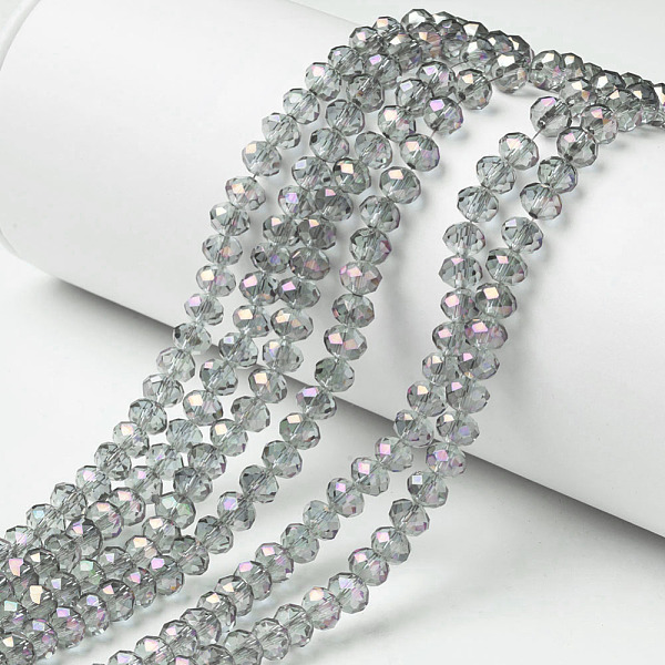 

PandaHall Electroplate Transparent Glass Beads Strands, Full Rainbow Plated, Faceted, Rondelle, Light Grey, 6x5mm, Hole: 1mm, about..., Gray