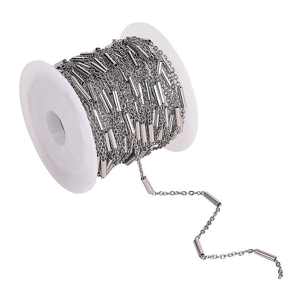 

PandaHall 304 Stainless Steel Cable Chains, with Tube Beads, Stainless Steel Color, 2x1.5x0.3mm, 5m/roll 304 Stainless Steel