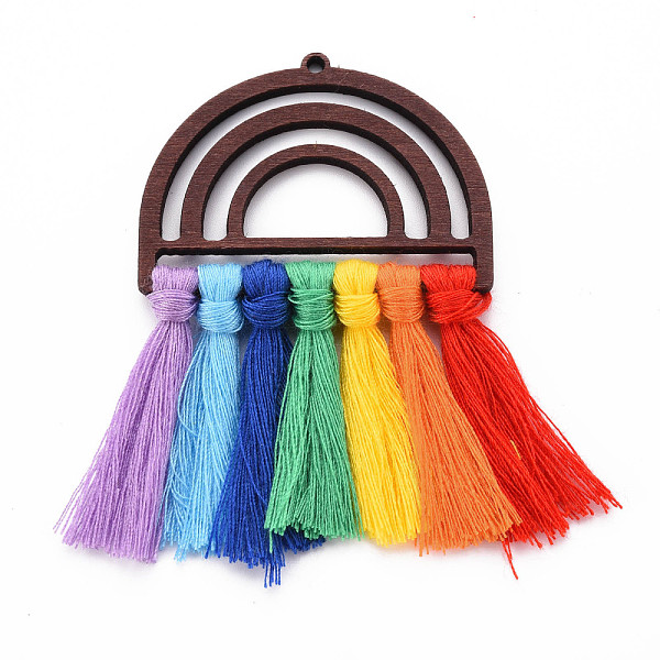 

PandaHall Polycotton(Polyester Cotton) Tassel Big Pendants, Unfinished Wood Semi Circle Earrings, for DIY Rainbow Macrame Earrings, Colorful...