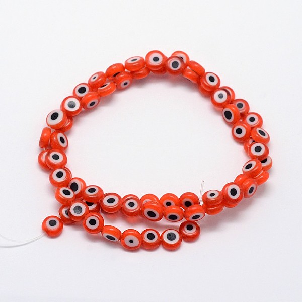 

PandaHall Handmade Evil Eye Lampwork Flat Round Bead Strands, Orange Red, 8x3.2mm, Hole: 1mm, about 49pcs/strand, 14.56 inch Lampwork Evil...