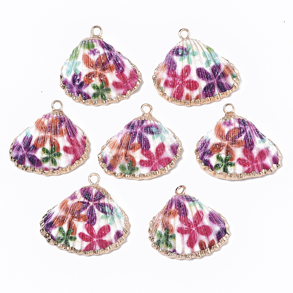 

PandaHall Electroplate Printed Natural Scallop Shell Pendants, Sea Shell Pendants, with Brass Loops, Floral Pattern, 22~27x23~29x8~10mm...