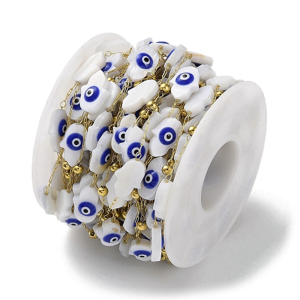 

PandaHall Ion Plating(IP) 316 Stainless Steel Satellite Chains, with Hamsa Hand with Evil Eye Natural White Shell Enamel Beaded, with Spool...