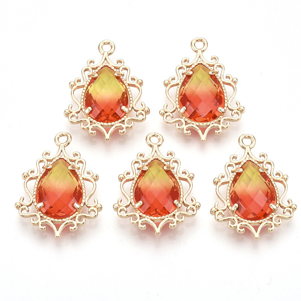 

PandaHall Brass Pendants, Two Tone, with Faceted Glass, Teardrop, Golden, Orange Red, 25.5x19x6mm, Hole: 1.6mm Brass+Glass Teardrop Red