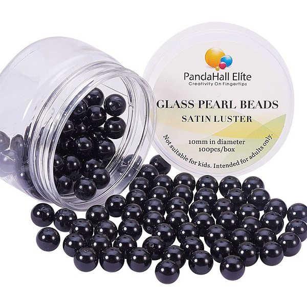 

PandaHall Pearlized Glass Pearl Round Beads, Dyed, Black, 10mm, Hole: 1.2~1.5mm, about 100pcs/box Glass Round Black