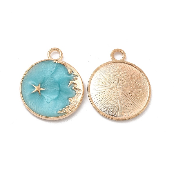 

PandaHall Alloy Enamel Pendants, Flat Round with Star & Moon Charm, Golden, Dark Turquoise, 25x21x2.3mm, Hole: 3mm Alloy+Enamel Moon