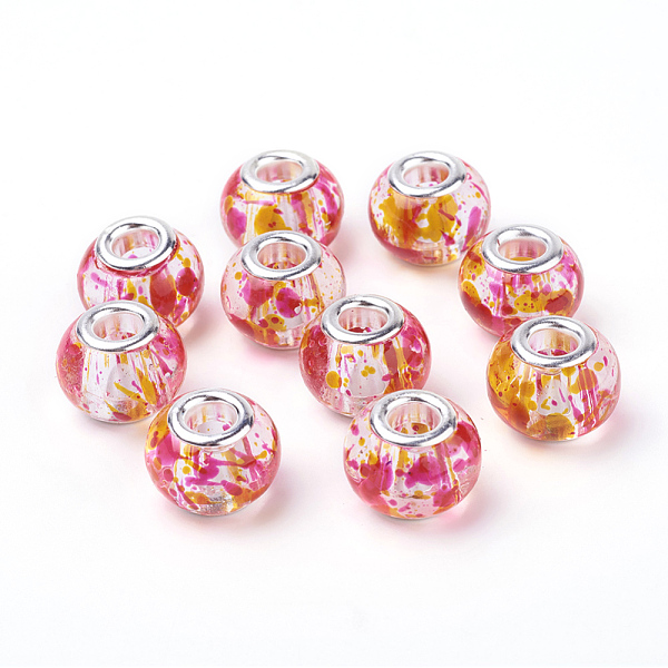 

PandaHall Spray Painted Glass European Beads, with Silver Color Plated Brass Cores, Large Hole Beads, Rondelle, Camellia, 14~15x9.5~11mm..., Pink