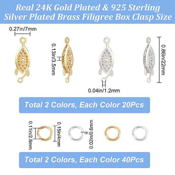 

PandaHall CREATCABIN 40Pcs 2 Colors Horse Eye Brass Filigree Box Clasps, with 80Pcs 2 Colors Brass Jump Rings, Golden & Silver, Clasp...