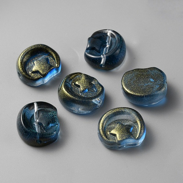 

PandaHall Transparent Glass Beads, with Gold Powder, Moon with Star, Marine Blue, 14x12x6mm, Hole: 1.2mm Glass Moon
