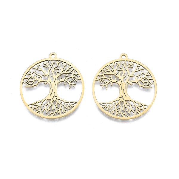 

PandaHall Ion Plating(IP) 201 Stainless Steel Pendant, Hollow Charms, Flat Round with Tree of Life, Real 18K Gold Plated, 38x35x1.5mm, Hole...