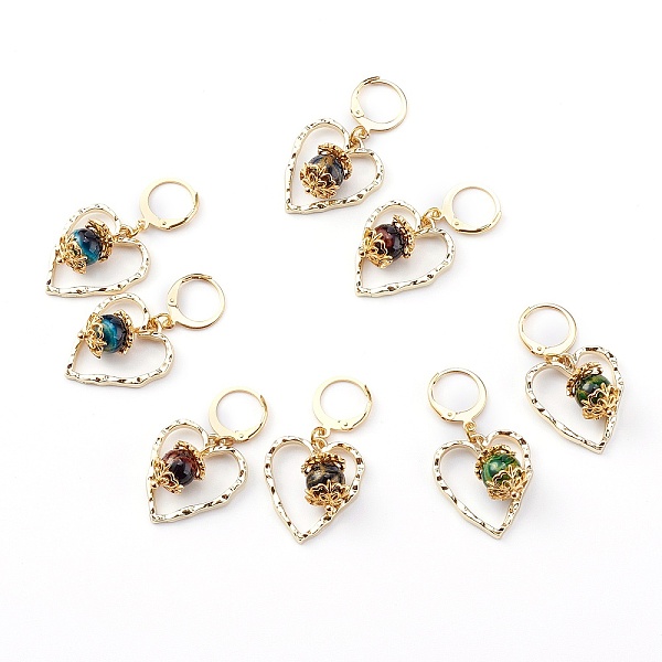 

PandaHall 304 Stainless Steel Huggie Hoop Earrings, with Lampwork Round Beads and Alloy Pendants, Textured Heart, Golden, Mixed Color, 39mm..., Multicolor