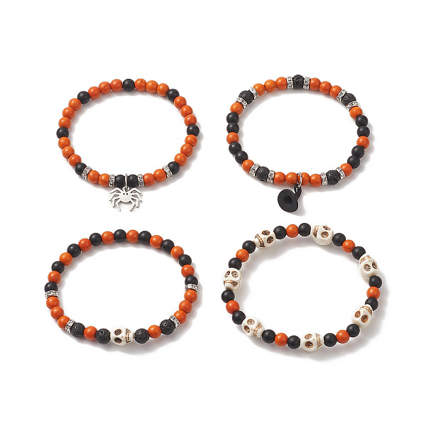 

PandaHall 4Pcs 4 Style Dyed Natural & Synthetic Mixed Gemstone Skull Beaded Stretch Bracelets Set, Spider & Witch Hat Alloy Charms Stackable..., Multicolor