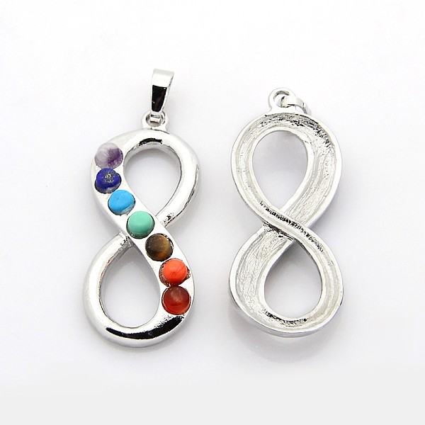 

PandaHall Platinum Plated Alloy Gemstone Infinity Pendants, Mixed Stone, 43x18x5mm, Hole: 4x7mm Mixed Stone Infinity