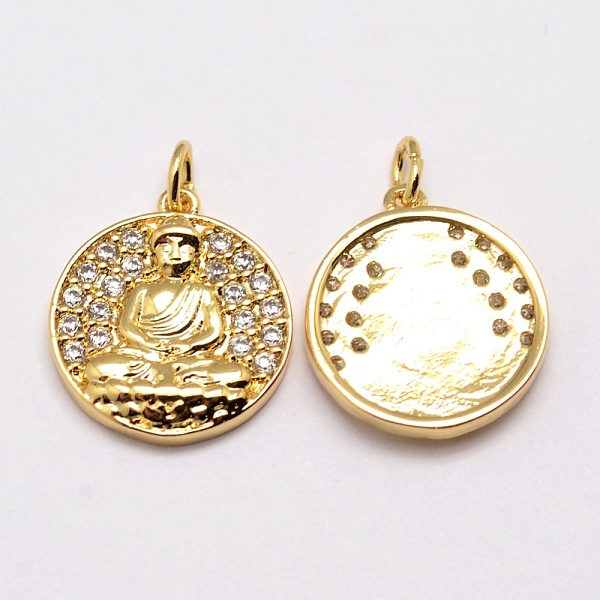 

PandaHall Brass Pendants, Micro Pave Grade AAA Cubic Zirconia, Flat Round with Buddha, Cadmium Free & Nickel Free & Lead Free, Real 18K Gold...