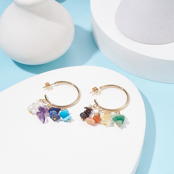 

PandaHall Natural & Synthetic Mixed Stone Chips Dangle Stud Earrings, 304 Stainless Steel Half Hoop Earrings for Women, Golden, 51mm, Pin...