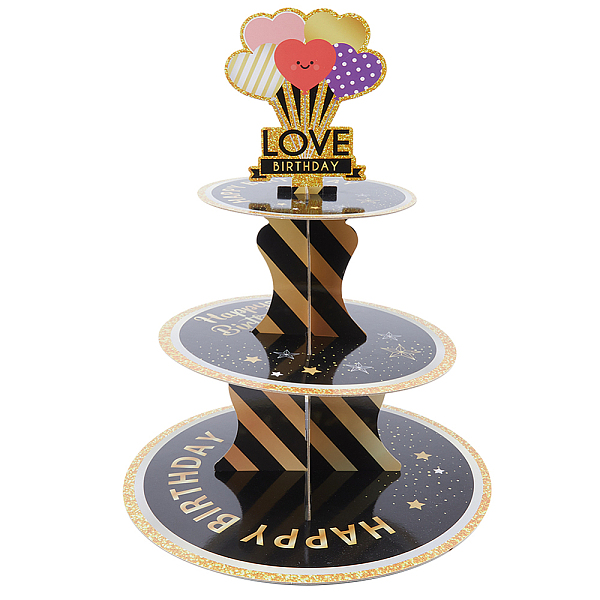

PandaHall Heart Pattern Paper 3-Tier Round Cupcake Stand, for Birthday Special Event Decoration, Black, 300x380mm Paper Heart Black