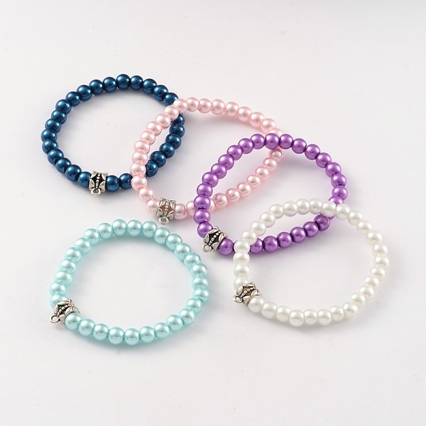 

PandaHall Round Glass Pearl Beaded Stretch Bracelets, with Tibetan Style Alloy Tube Bails, Antique Silver, Mixed Color, 48mm Glass..., Multicolor