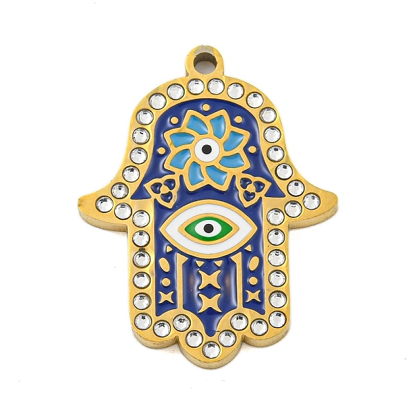 

PandaHall Ion Plating(IP) 304 Stainless Steel Rhinestone Pendants, with Enamel, Hamsa Hand with Flower & Evil Eye Charm, Real 18K Gold...