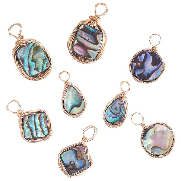 

PandaHall 8Pcs 4 Styles Natural Abalone Shell/Paua Shell Pendants, Eco-Friendly Copper Wire Wrapped Shell Charm, Rectangle & Square &...